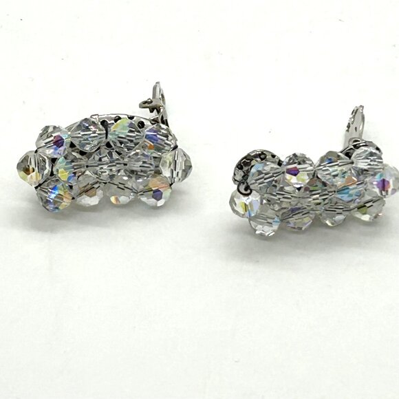 Vintage Aurora Borealis Beaded Clip-On Ear Climbers Elegant Bridal Prom Retro - Picture 7 of 9